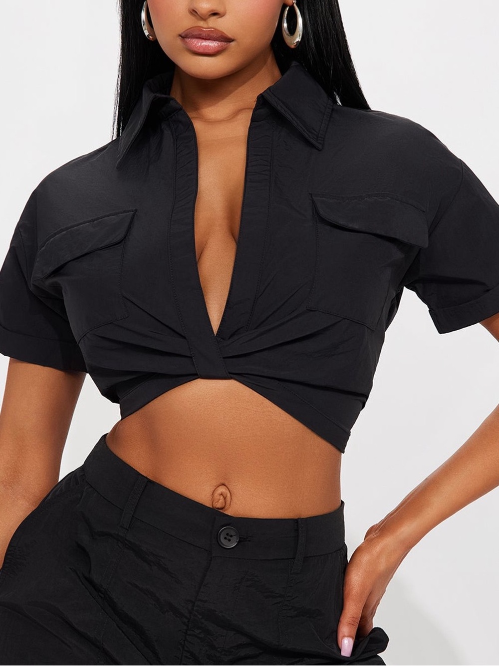 SHEIN Black Twist-Knot Collared Crop Top